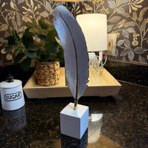 Gold & White Feather Decorative Figurine On Square Base
